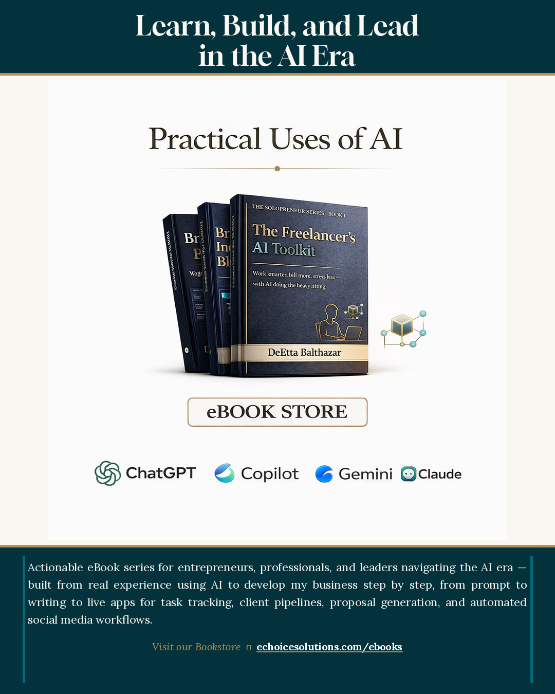 Practical Uses of AI eBook store graphic featuring The Freelancer's AI Toolkit by DeEtta Balthazar